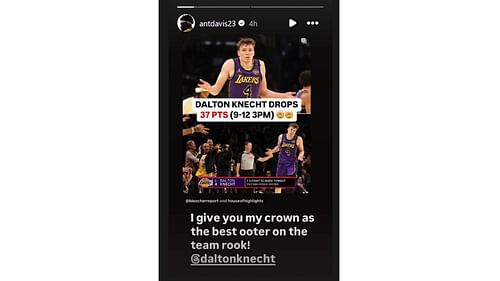 Anthony Davis giving Dalton Knecht his props on Instagram. [photo: @antdavis23/IG]