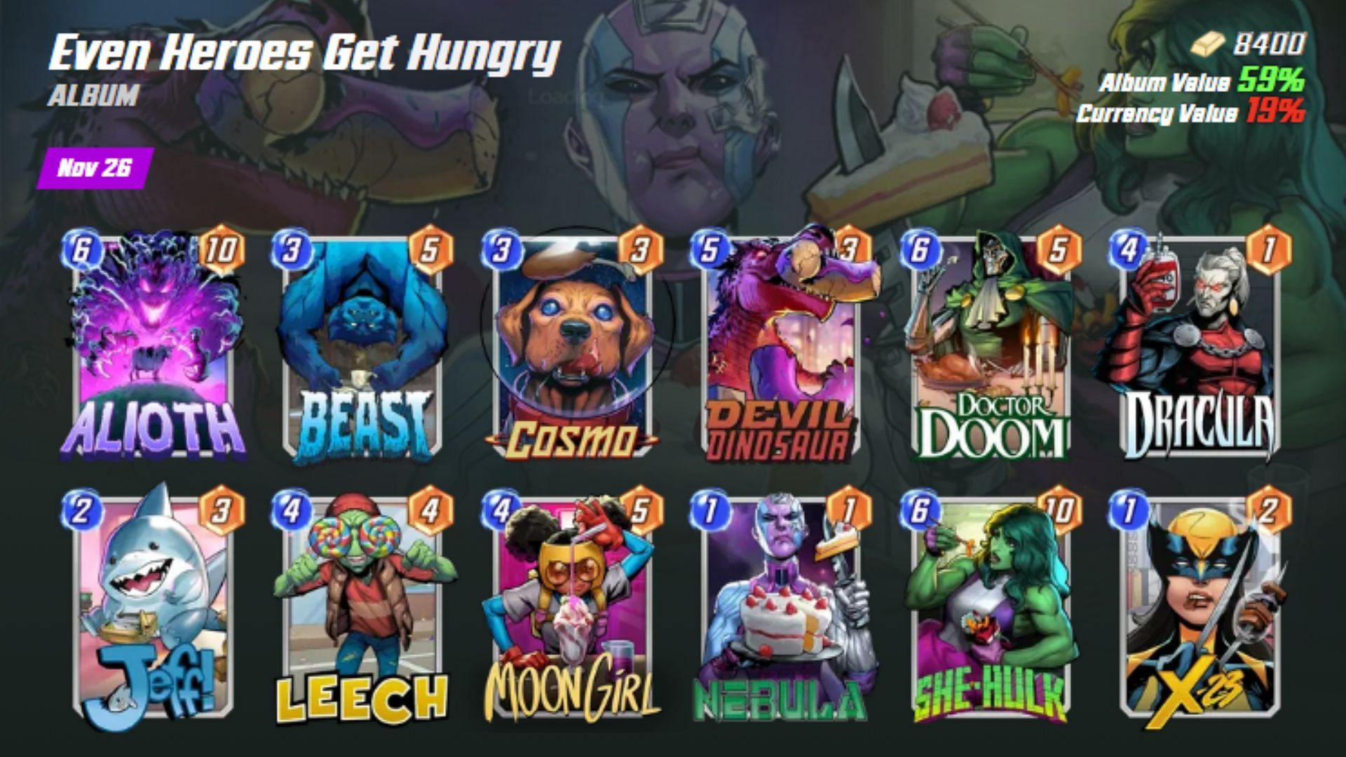 Marvel Snap "Even Heroes Get Hungry" album (Image via Nuverse)