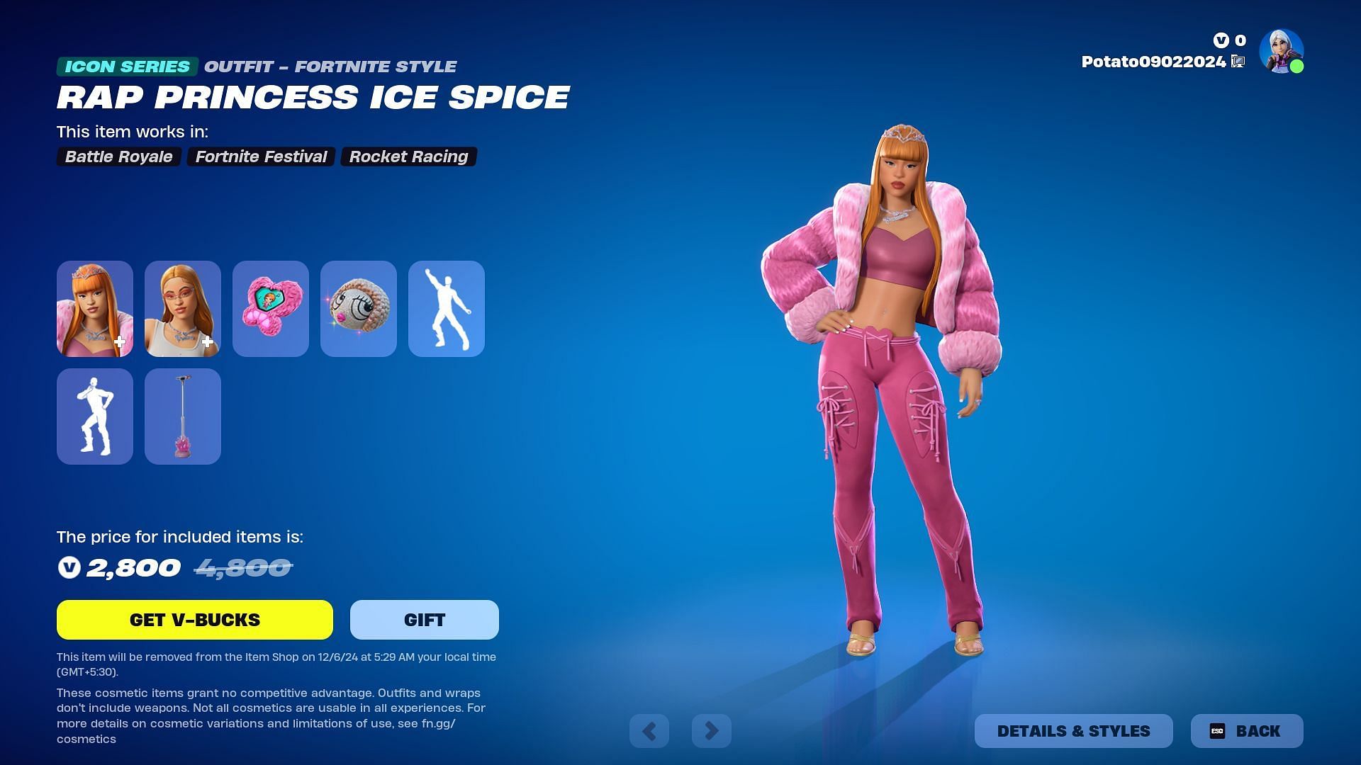 The Ice Spice skin in Fortnite will remain listed until December 6, 2024 (Image via Epic Games)