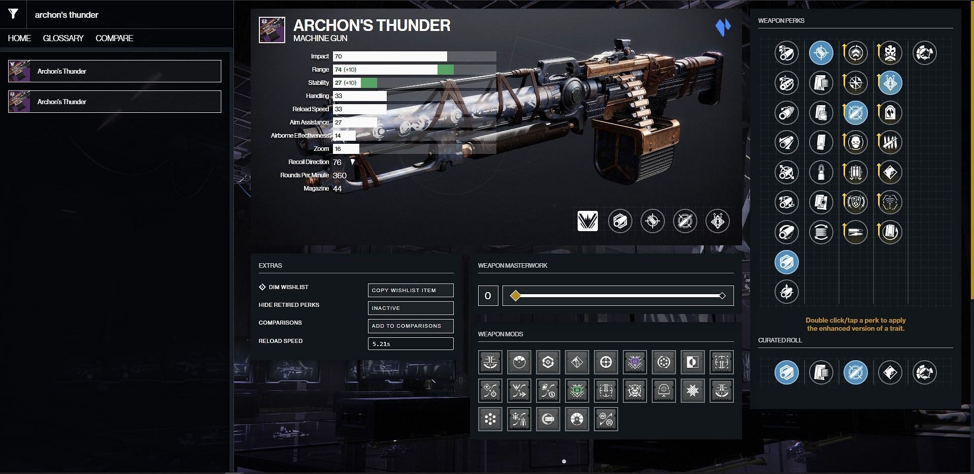 Archon's Thunder PvP god roll (Image via Bungie/D2Gunsmith)