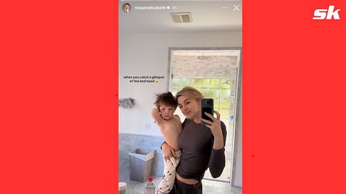 Reagan Bregman posing for a morning mirror selfie with her son Knox