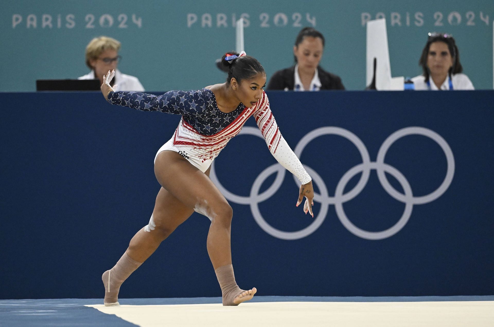 Jordan Chiles competes on the floor event at the Paris 2024 Olympics. - (Source: Getty)