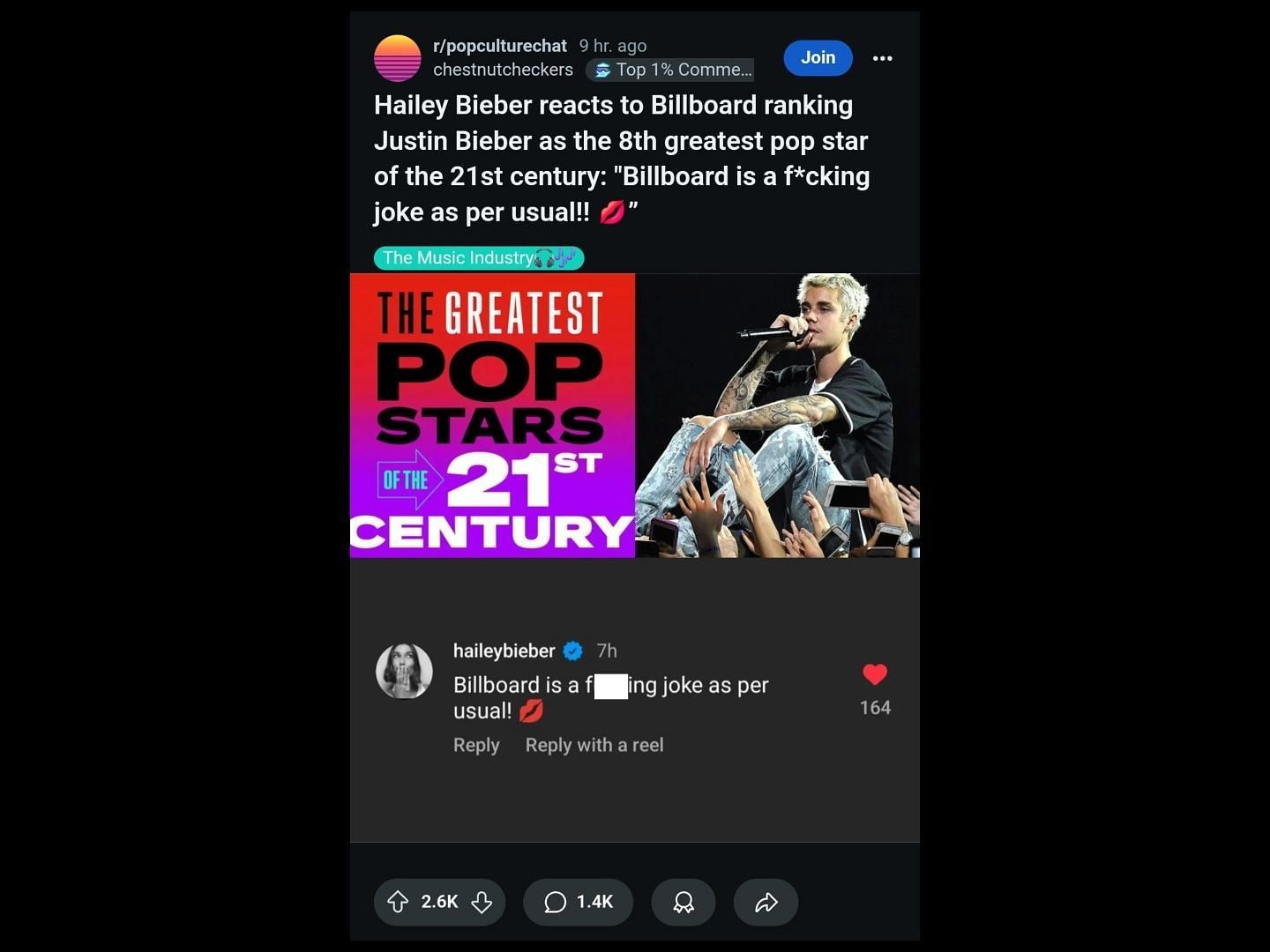 Hailey Bieber reacts to Billboard placing Justin Bieber in the 8th spot on the Greatest Pop Stars of 21st Century list (Image via Reddit/@r/popculturechat)