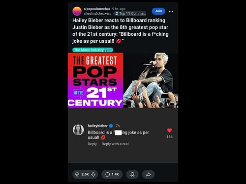 Hailey Bieber reacts to Billboard placing Justin Bieber in the 8th spot on the Greatest Pop Stars of 21st Century list (Image via Reddit/@r/popculturechat)