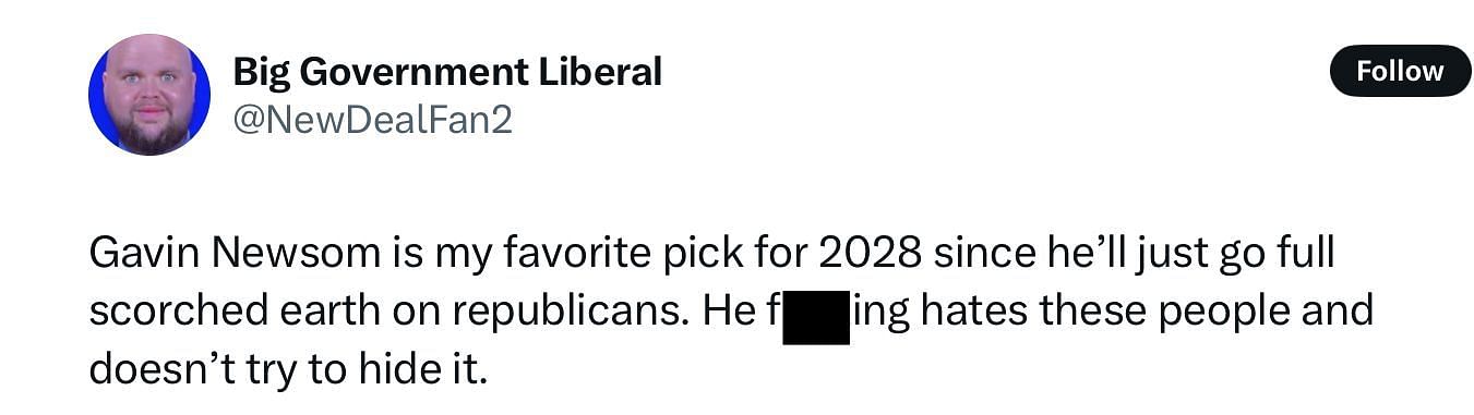 A comment on X advocating for Newsom for the 2028 presidential election (Image via X/@NewDealFan2)