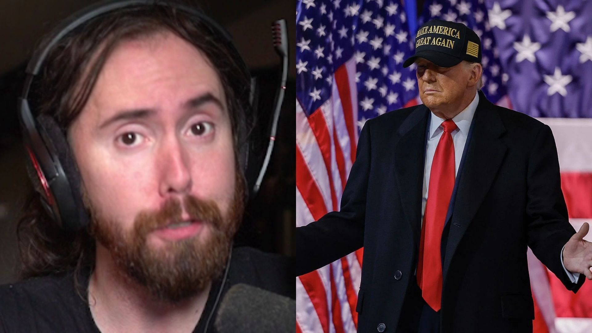 Asmongold claims Trump is trying to manipulate his way to success in the 2024 US elections (Images via Zackrawrr/Twitch, Getty)