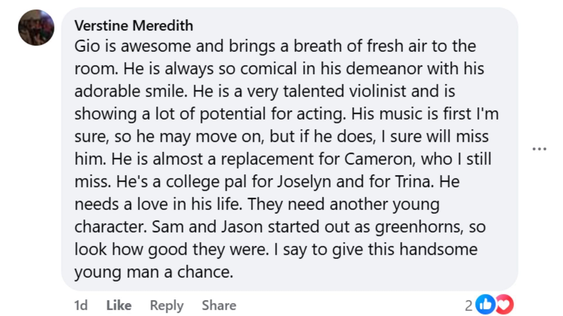 One fan response about Gio on the soap (Image via Facebook/General Hospital Fans-Official/Sydney Summerville-Chavis)