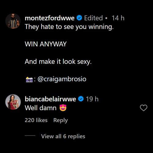 Bianca Belair's comment on Montez Ford's post. (Image credits: Instagram)