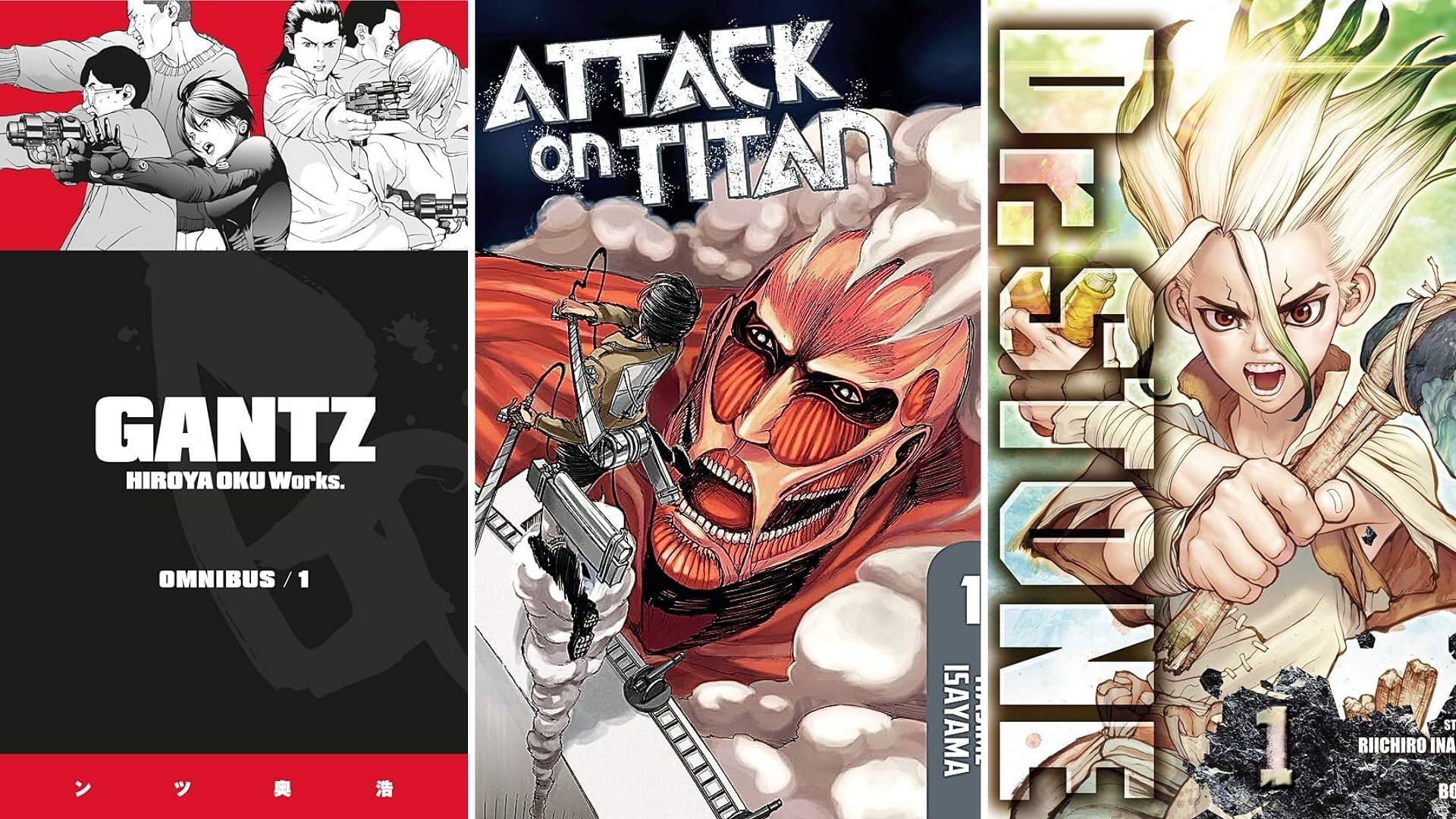 Gantz by Hiroya Oku, Attack on Titan by Hajime Isayama, Dr. Stone by Riichiro Inagaki and Boichi 