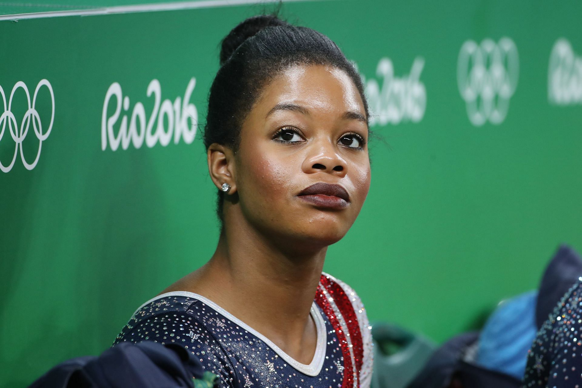 Gabby Douglas of the United States during the Artistic Gymnastics Women&#039;s Team Final at the 2016 Olympic Arena in Rio de Janeiro, Brazil. (Photo credit: via Getty Images)