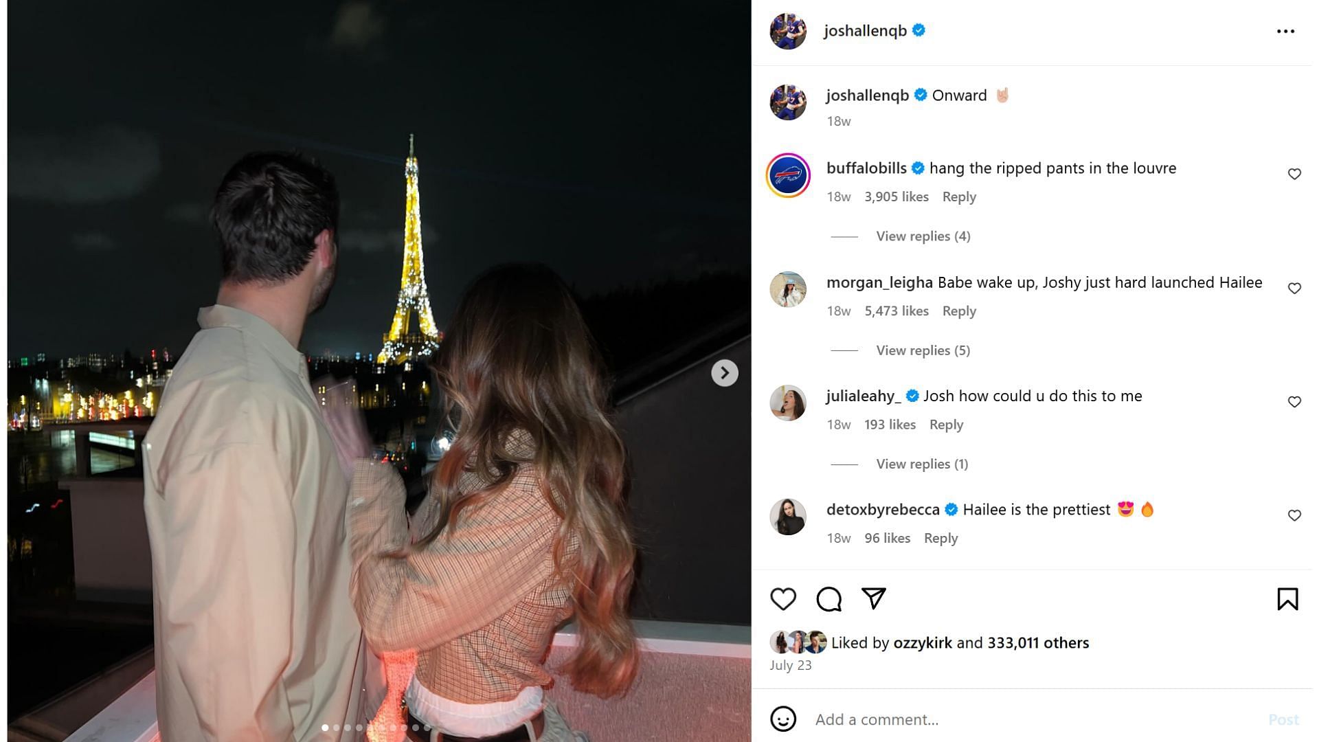 Josh Allen&#039;s first post with girlfriend Hailee Steinfeld [Image credit: Instagram@joshallenQB ]