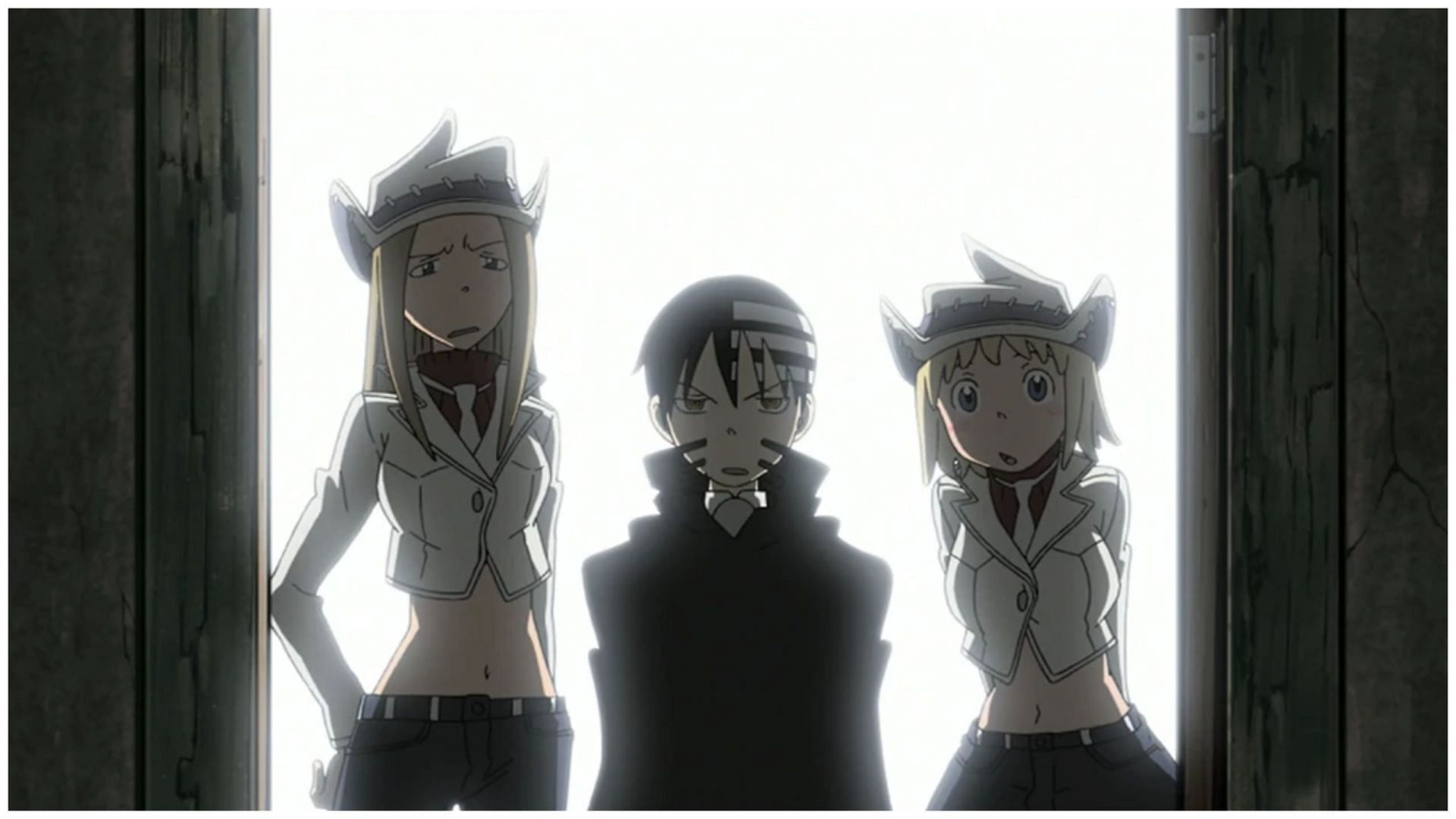 Elizabeth Thompson[left], Death the Kid[middle] and Patricia Thompson[right] as seen in the anime (Image via Studio Bones)