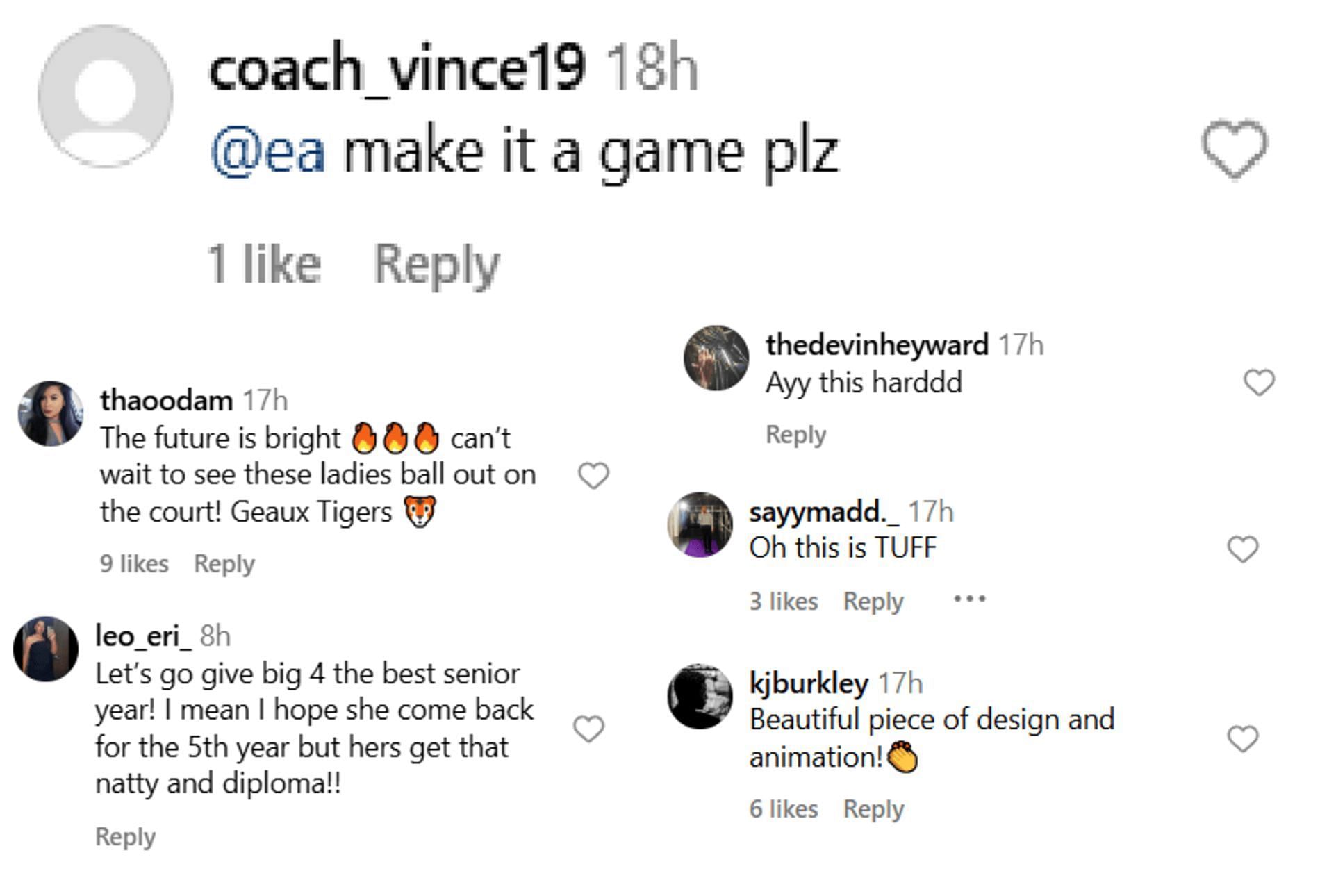 Fans react to EA Sports-style video by LSU Tigers (Source: Instagram/lsuwbkb)