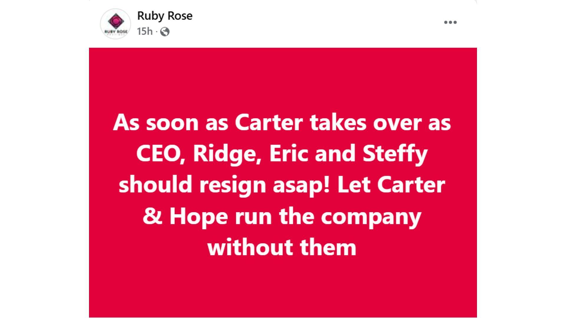 The original Facebook post from a viewer (Image via Facebook/The Bold and the Beautiful/Ruby Rose)