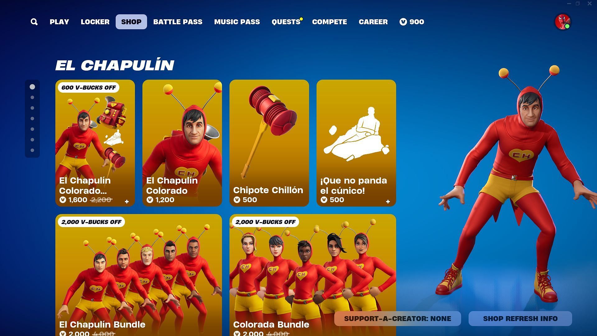 The El Chapul&iacute;n Colorado skin in Fortnite is now available for purchase (Image via Epic Games)