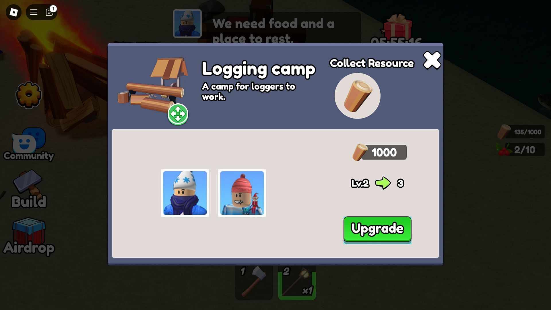 Camp upgrade menu (Image via Roblox)