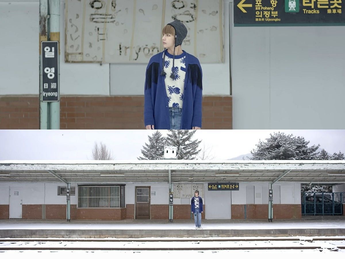 BTS member V appeared at the snowy station in the opening scene of Spring Day (Image via YouTube/@HYBELABELS)