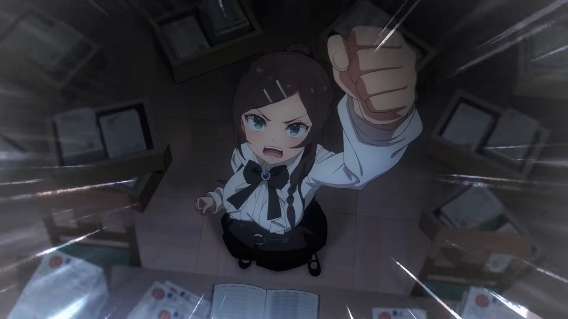 Alina&#039;s passion for clocking out on time comes back to haunt her in I May Be a Guild Receptionist episode 1 (Image via CloverWorks)