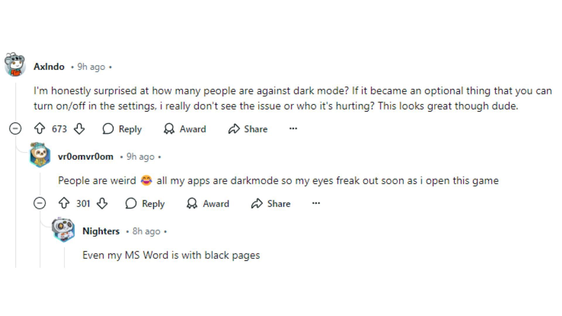 Fans talk about the importance of atleast having the option to toggle through dark mode (Image via Reddit)