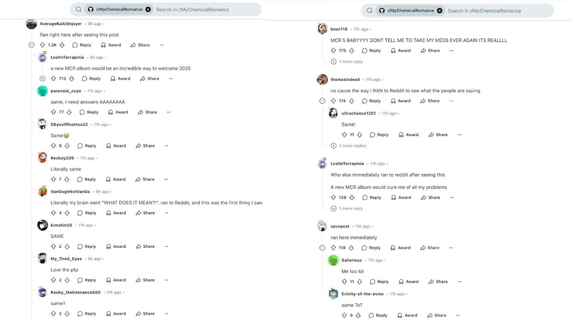 Screenshot of fan discussions on My Chemical Romance&#039;s Subreddit (Image via reddit.com)