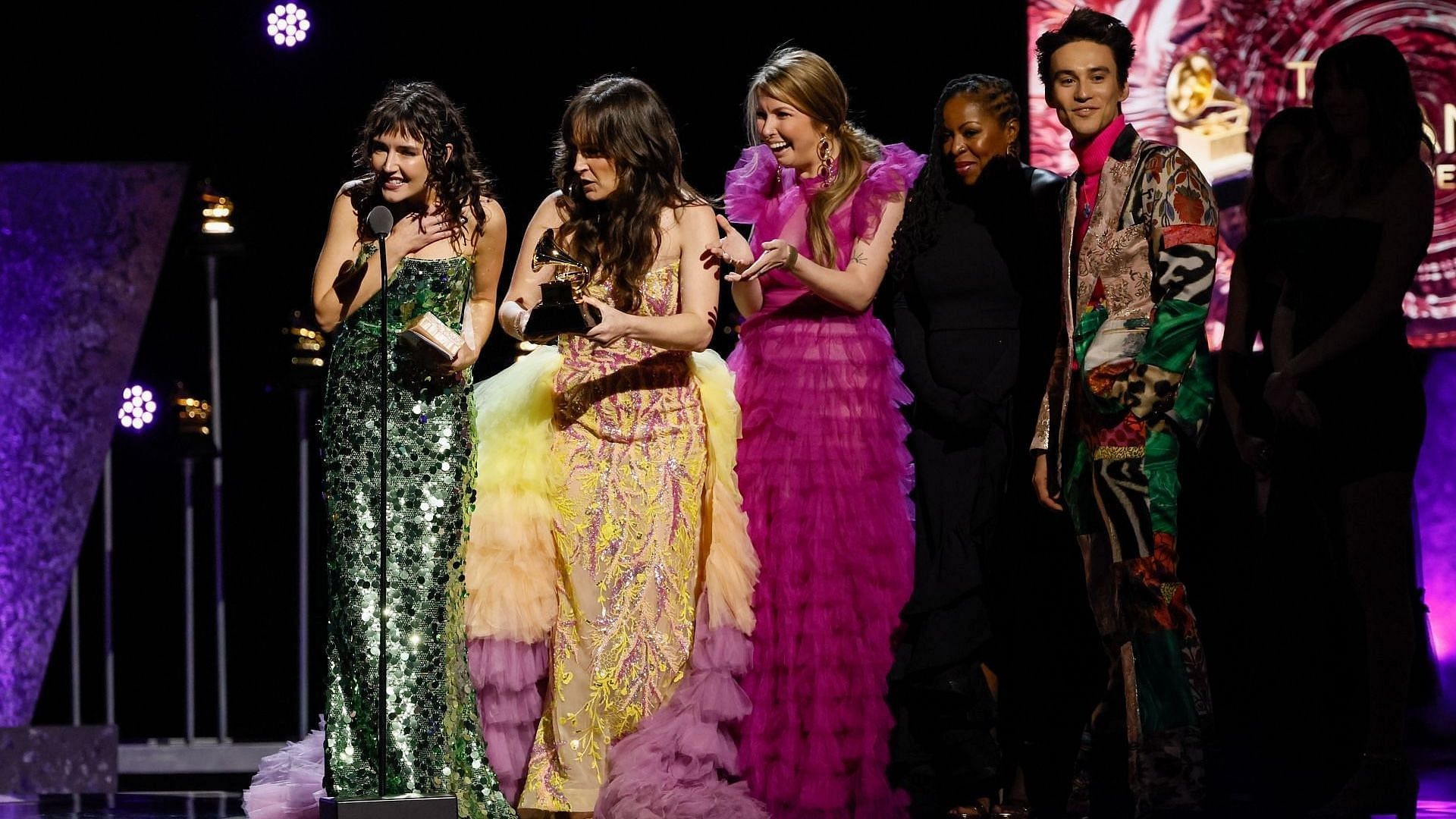 67th Annual Grammy Award nominees Erin Bentlage, Jacob Collier, Sara Gazarek, Johnaye Kendrick and Amanda Taylor, of s&auml;je, accept the award for Arrangement, Instruments and Vocals at the 66th Grammy Awards Ceremony. (Robert Gauthier / Los Angeles Times via Getty Images)