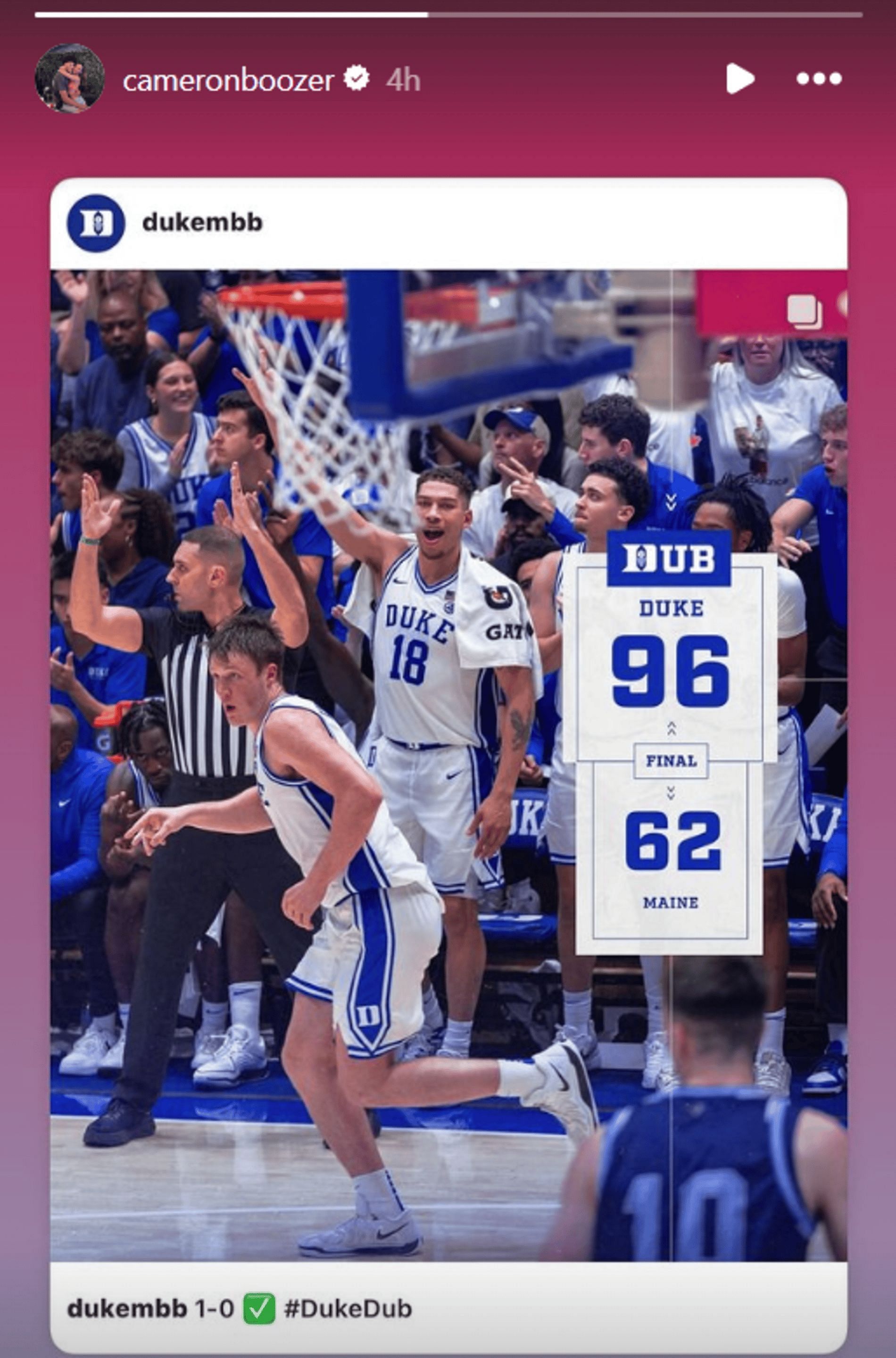 Cameron Boozer shares Duke victory on Instagram (Source: Imstagram/cameronboozer)