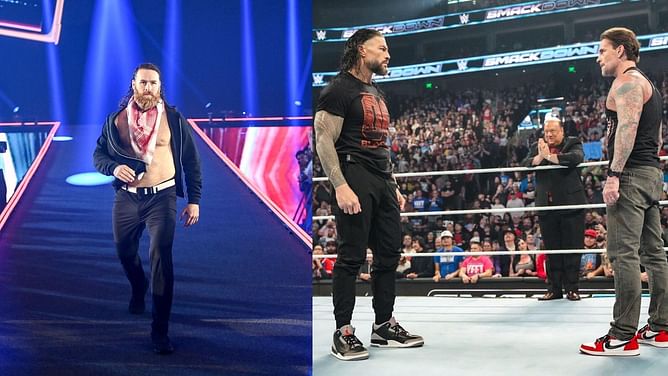 Sami Zayn reacts after CM Punk is revealed as the fifth member of the OG Bloodline for WarGames