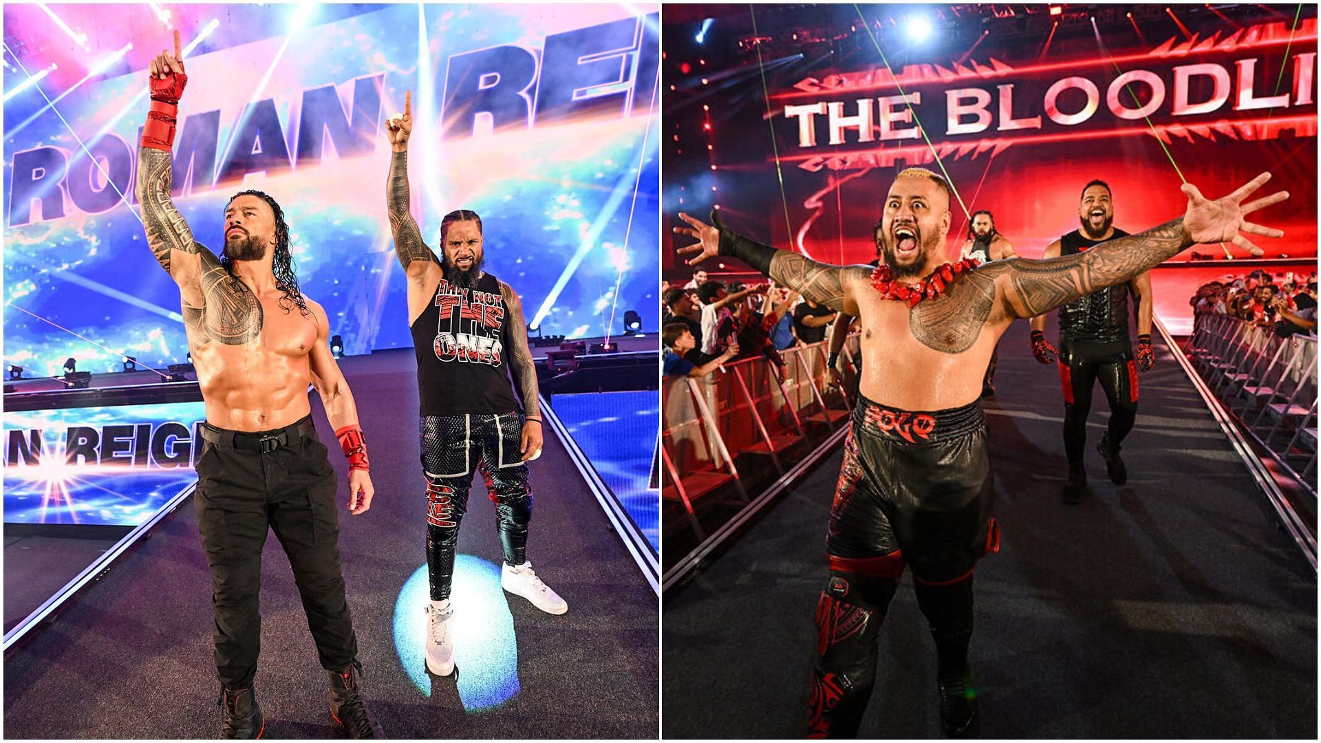 Roman Reigns &amp; Jimmy Uso (L); The Bloodline (R) [Pictures via: WWE.com]
