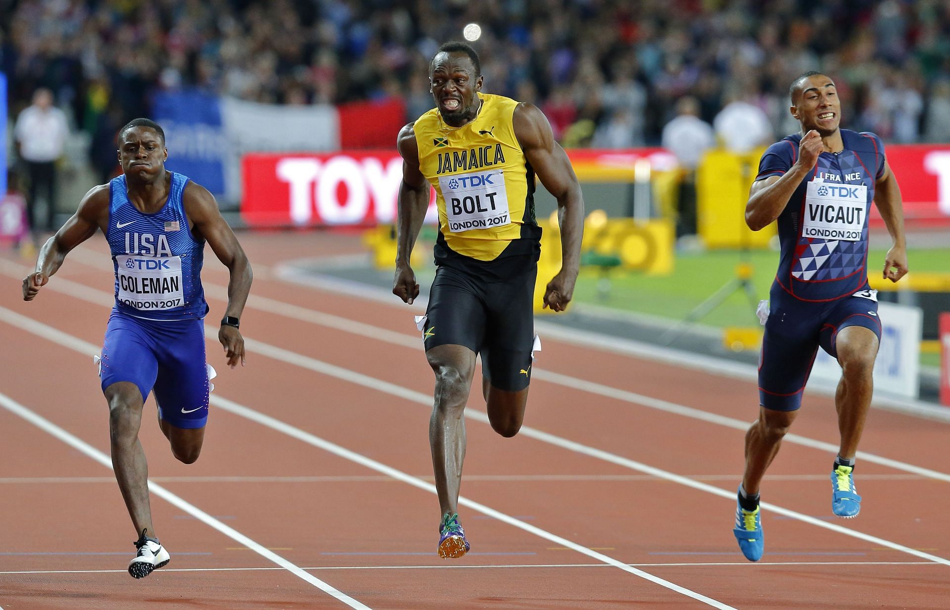 Christian Coleman [L] competing with Usain Bolt at the London World Championships 2017 [Image Source : Getty]