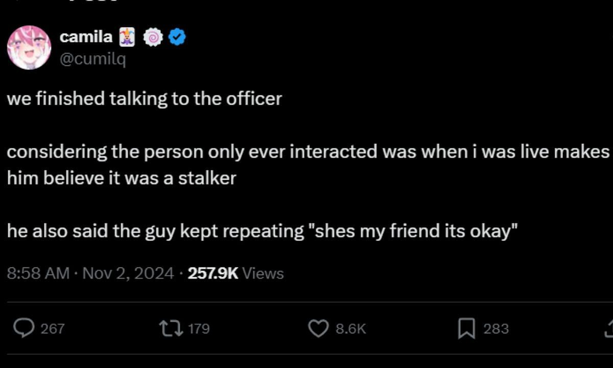 Popular VTuber explains how the individual could be a stalker (Image via X/Camila)