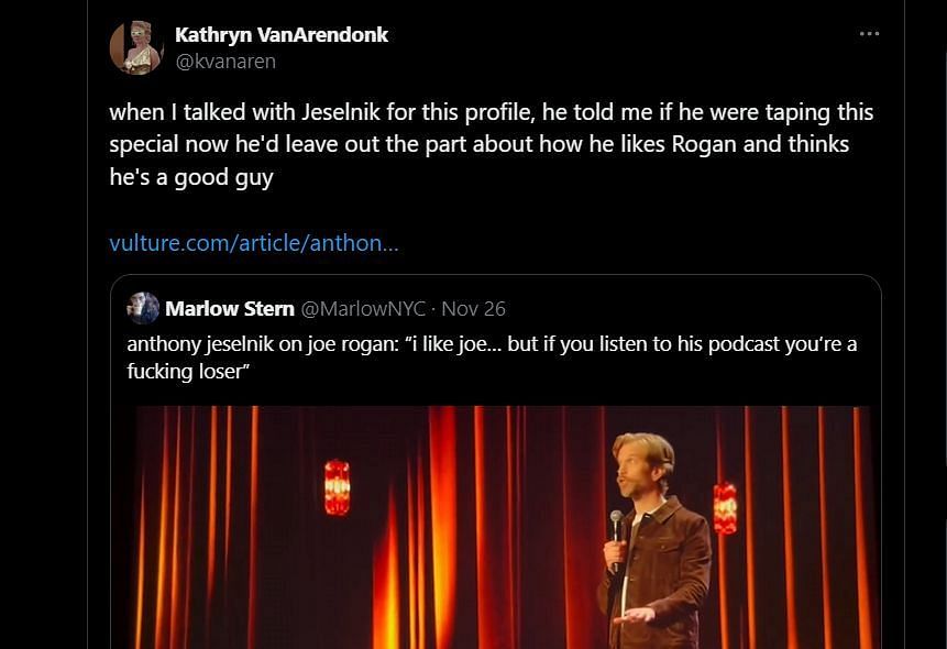 Vulture profiler shares her exchange with Anthony Jeselnik. (Image via X)