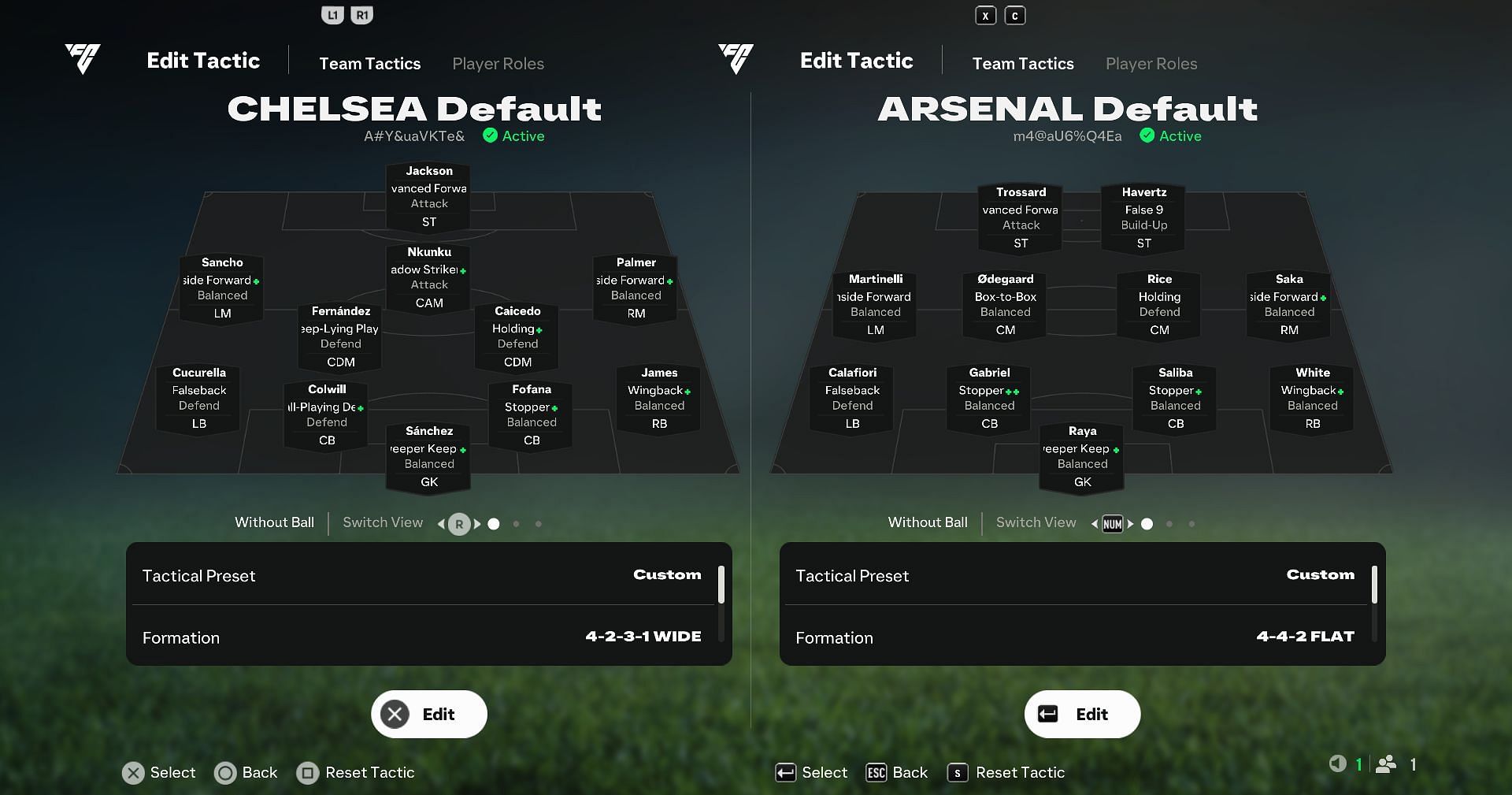 Chelsea vs Arsenal default Player Roles (Image via EA Sports)