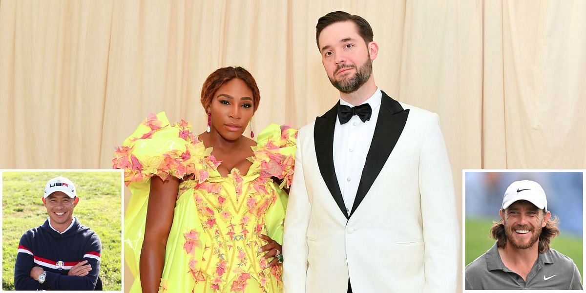 Serena Williams with Alexis Ohanian, Collin Morikawa (left inset) &amp; Tommy Fleetwood (right inset) [Image Source: Getty Images