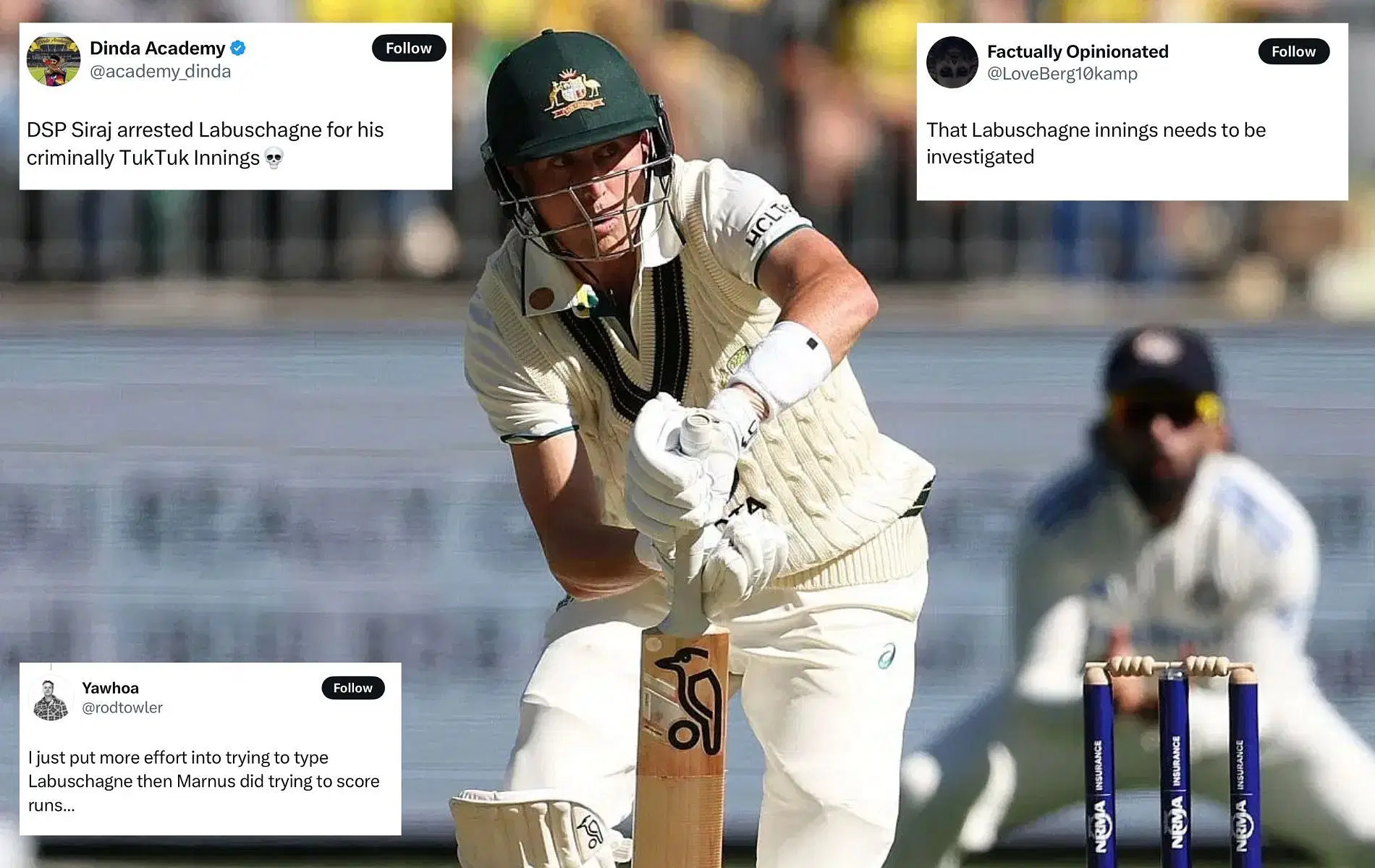 Marnus Labuschagne was slammed by many for his sluggish knock. (Pics: Getty/X/@academy_dinda/@LoveBerg10kamp/@rodtowler)