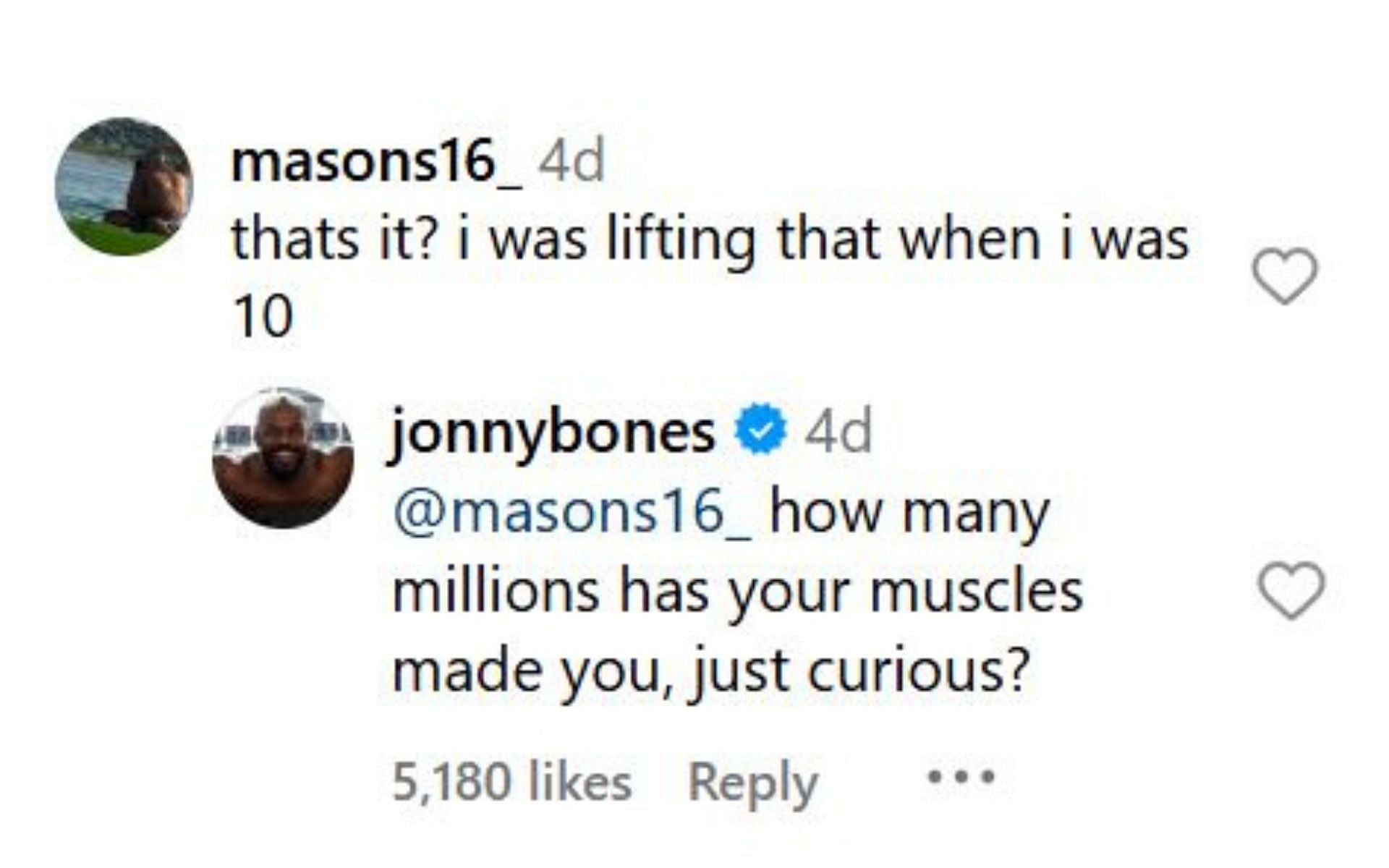 Jon Jones&#039; exchange with @masons16_ [Image credit: @jonnybones on Instagram]