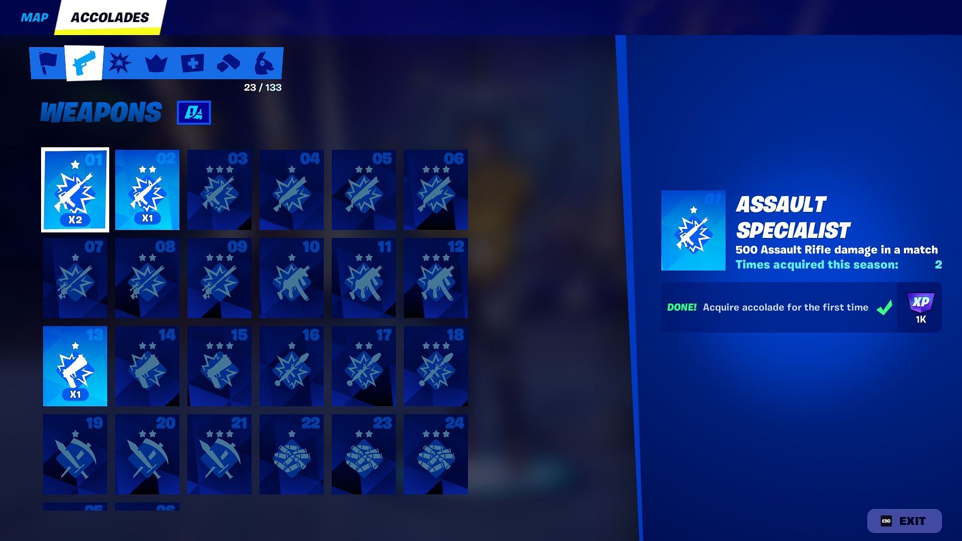 List of all Weapons Accolades in Fortnite Chapter 2 Remix (Image via Epic Games)