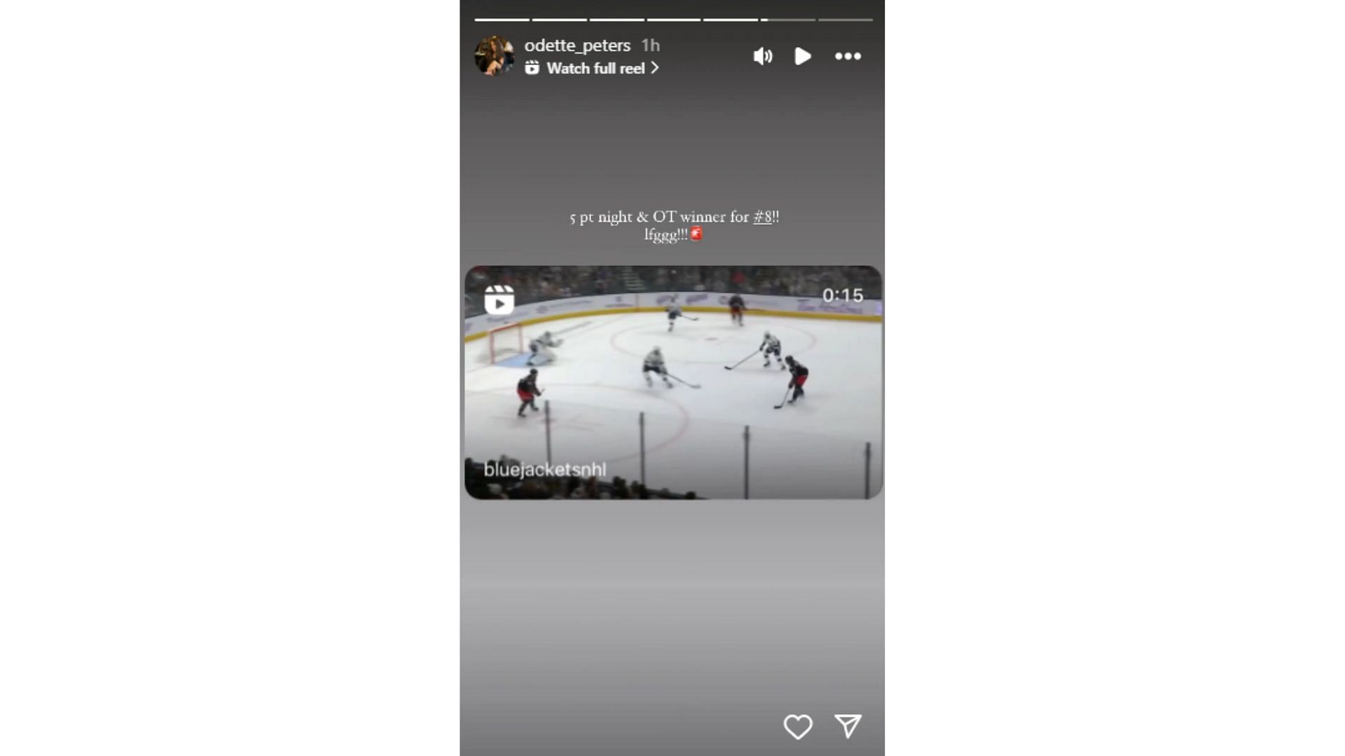 Odette Peters&#039; Instagram story after Zach Werenski scored five points against the Lighting last week. (Source: Instagram @odette_peters)