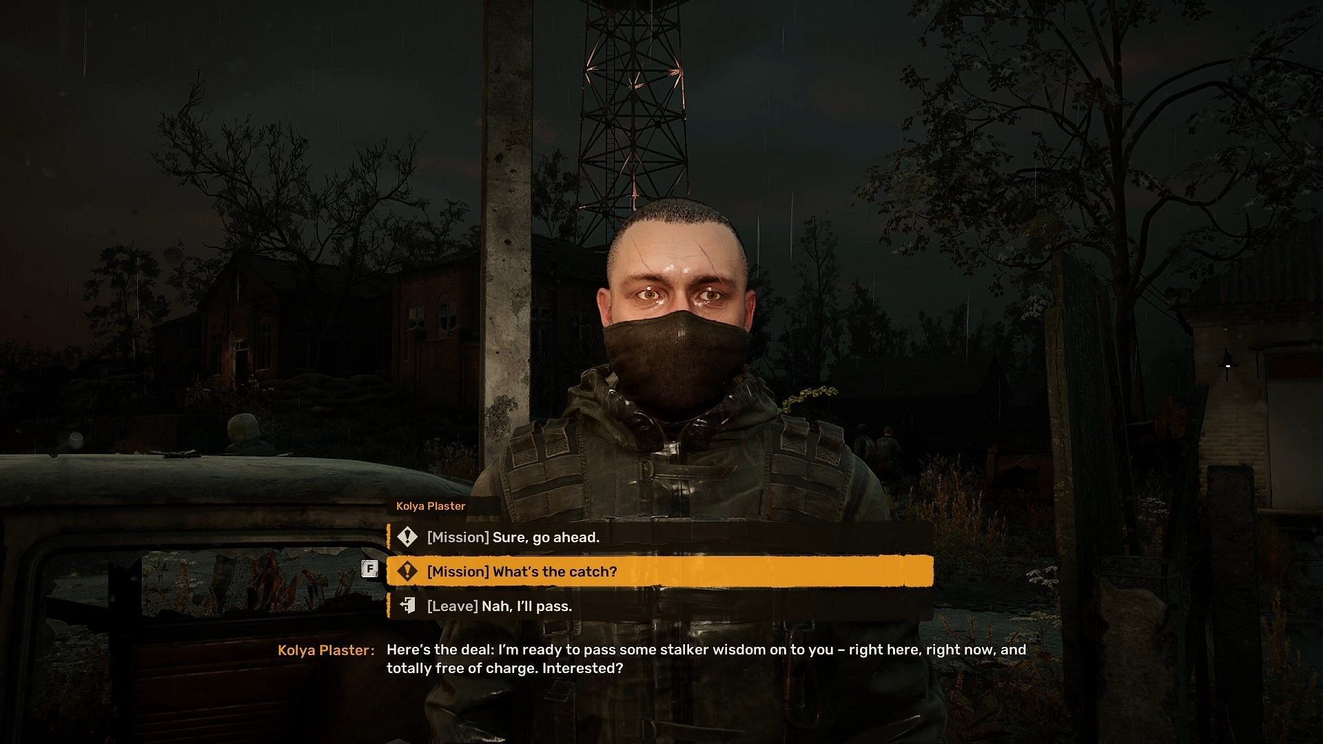 Talk to Kolya Plaster to start the Stalker Wisdom mission (Image via GSC Game World)