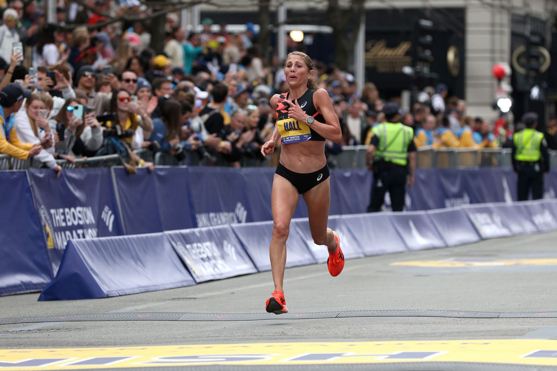 Sara Hall at the 128th Boston Marathon (Source: Getty)