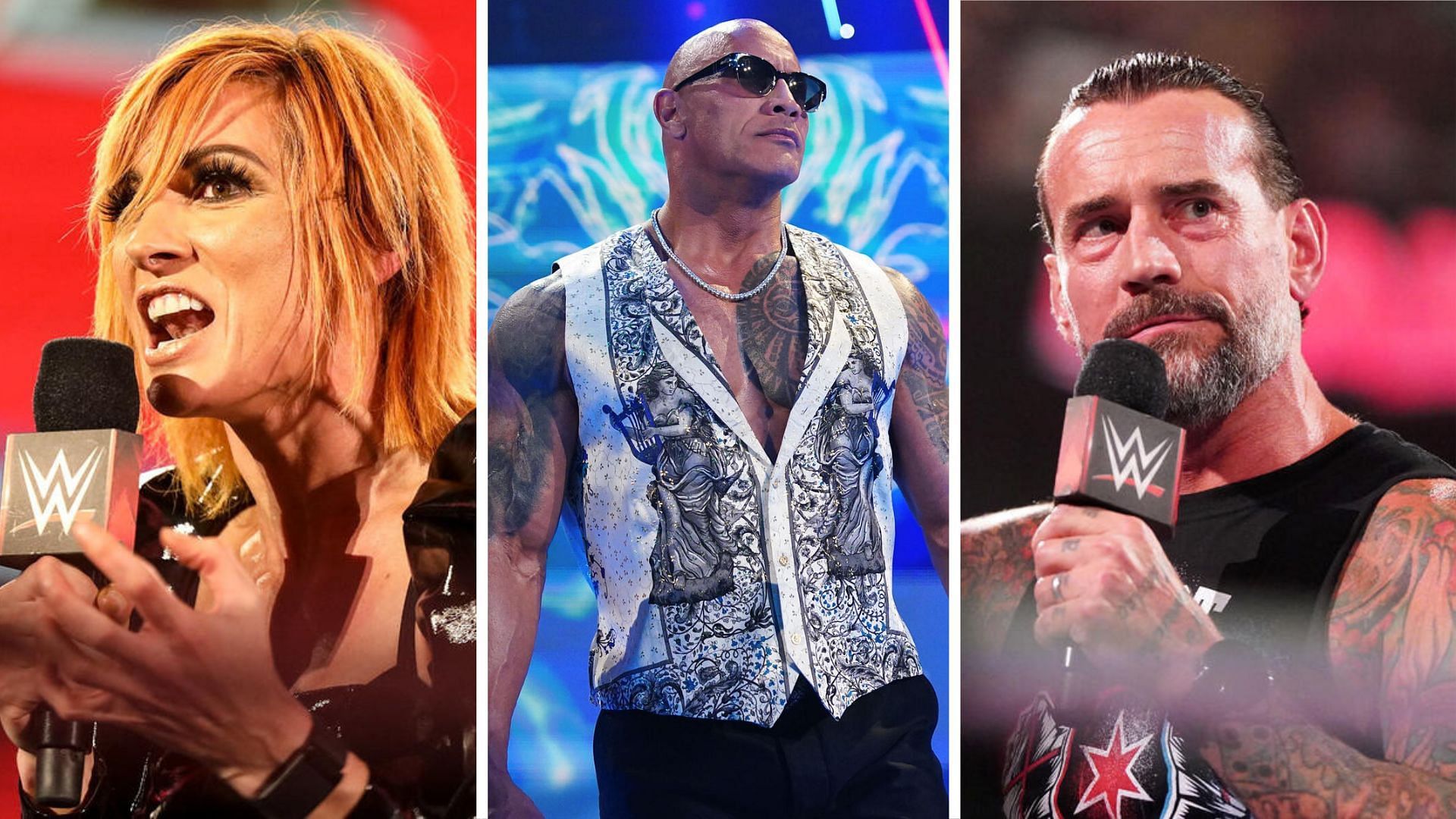 (From left to right) Former WWE Champions Becky Lynch, The Rock, and CM Punk [Image Credits: WWE.com]