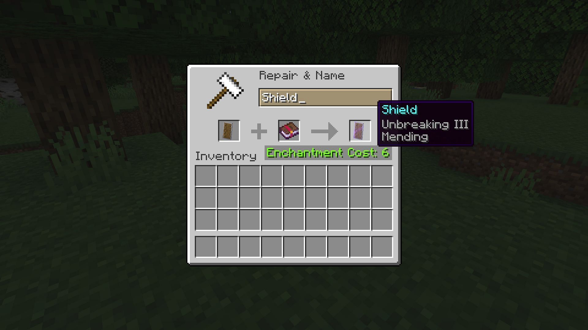 Enchanting a shield to have Unbreaking 3 and Mending. (Image via Mojang Studios)