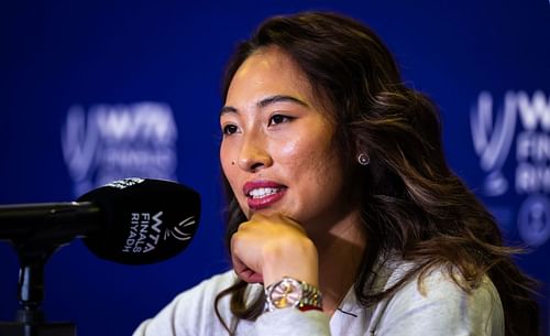 Zheng Qinwen speaking to the press at WTA Finals 2024 [Image Source: Getty Images]