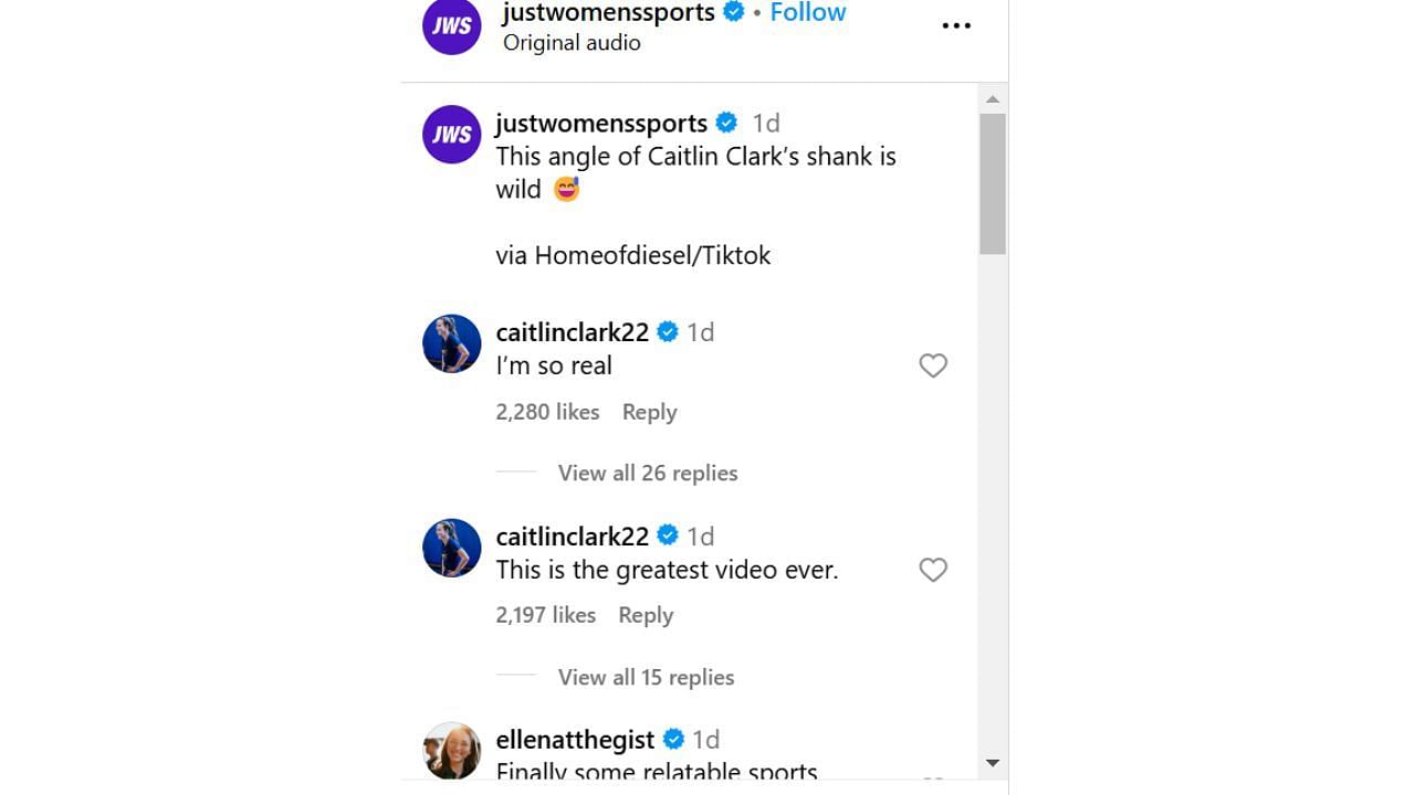 Clark reacts with self-deprecating rumor to the viral clip of her shank in The Annika pro-am golf tournament. [photo: @justwomenssports/IG]