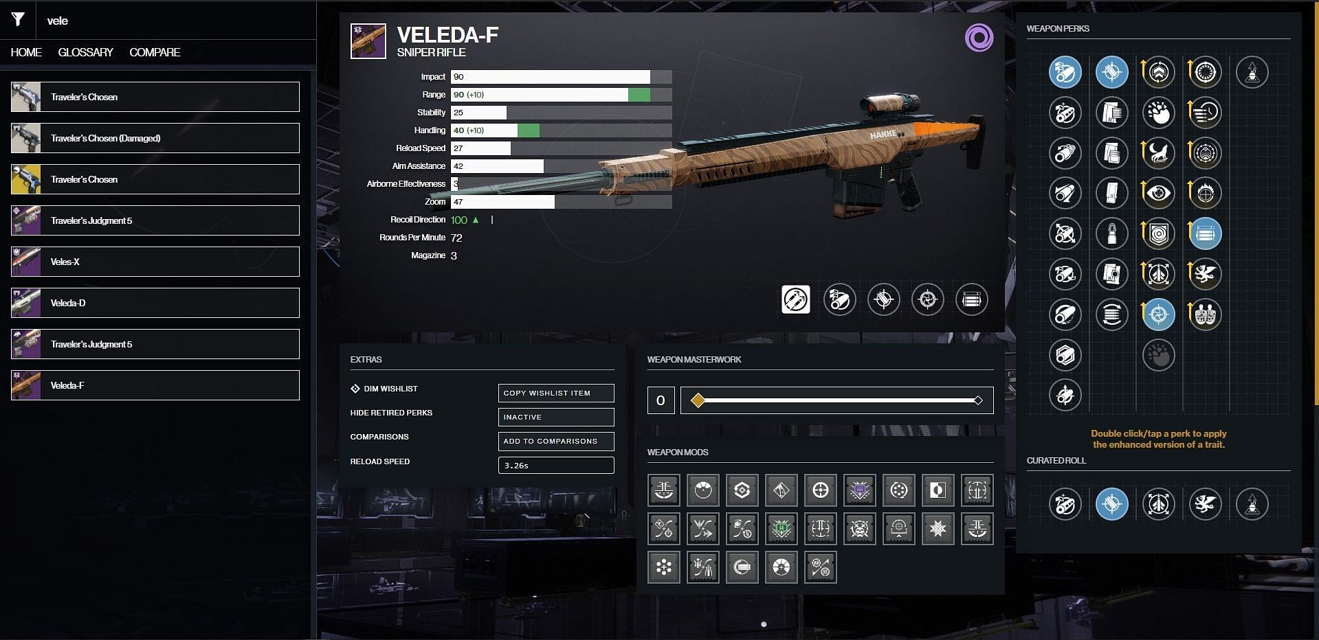 Veleda-F PvP god roll guide (Image via D2Gunsmith/Bungie)