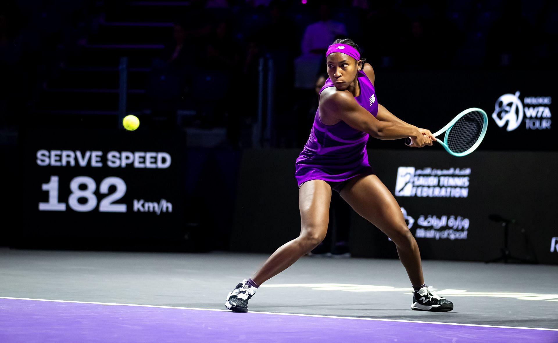 Gauff plays a forehand in the WTA Finals 2024 - Day 2 - Source: Getty