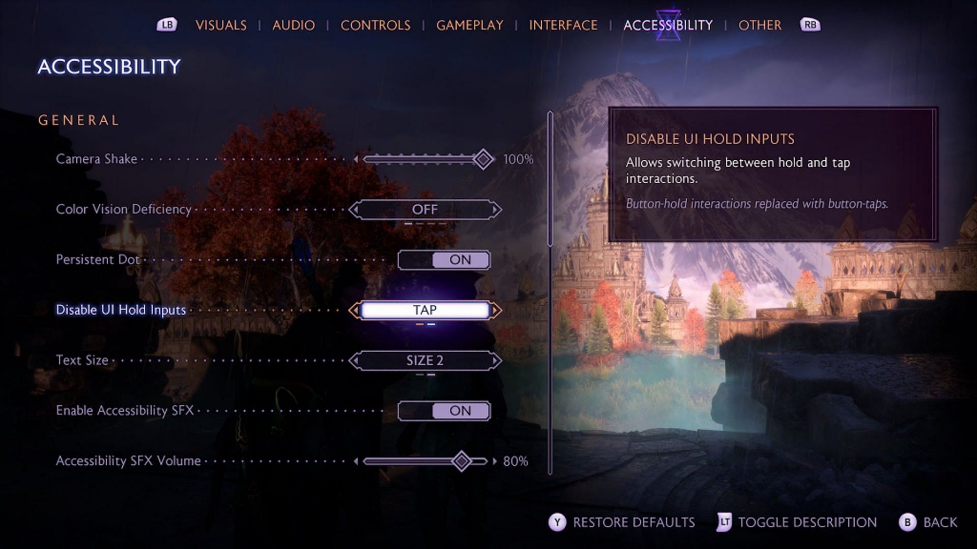 Dragon Age: The Veilguard Accessibility settings page (Image via Electronic Arts)