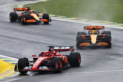 Charles Leclerc of Monaco driving the (16) Ferrari SF-24 leads Lando Norris of Great Britain driving the (4) McLaren MCL38 Mercedes - Source: Getty