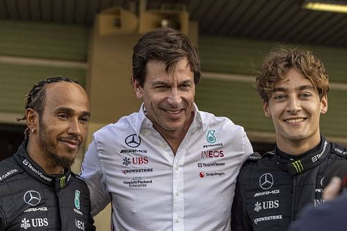 Lewis Hamilton, Toto Wolff and George Russell of Mercedes (from Left) - Source: Getty Images