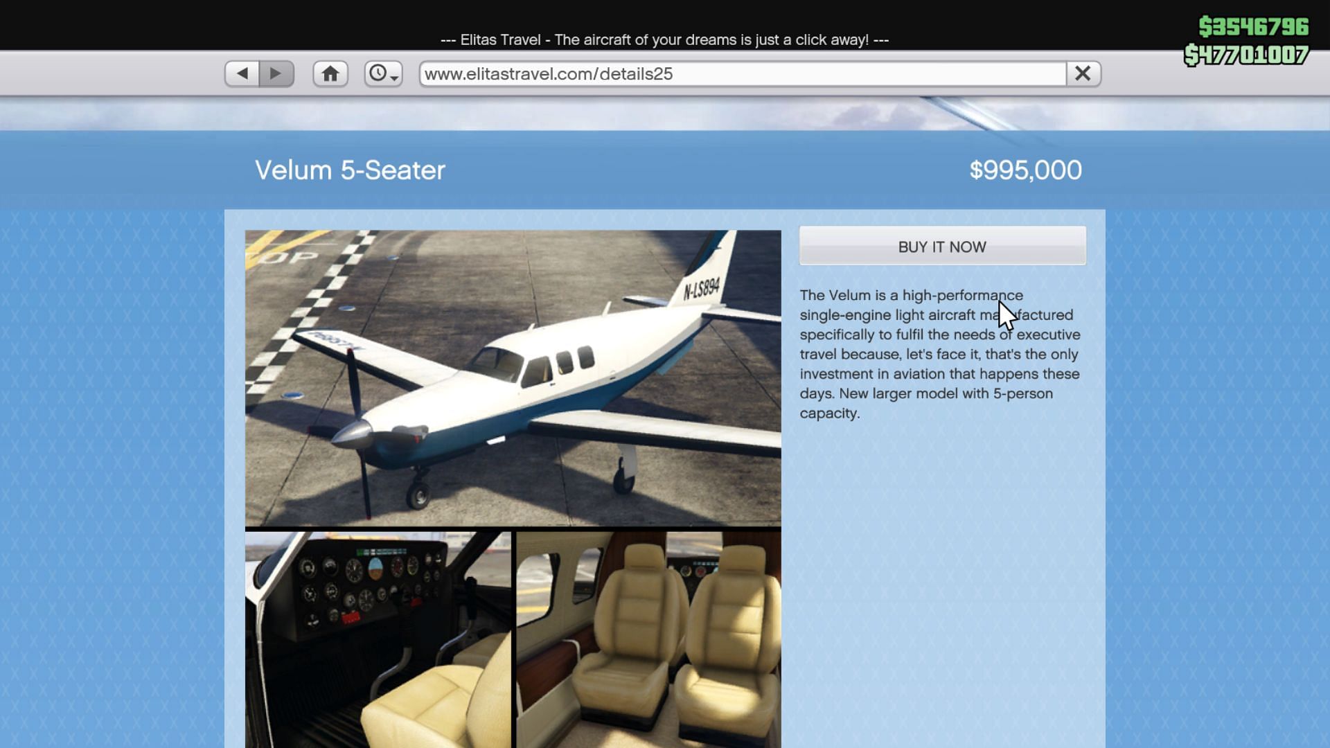 A screenshot of the JoBuilt Velum 5-Seater for GTA Online aircraft guide readers (Image via Rockstar Games)