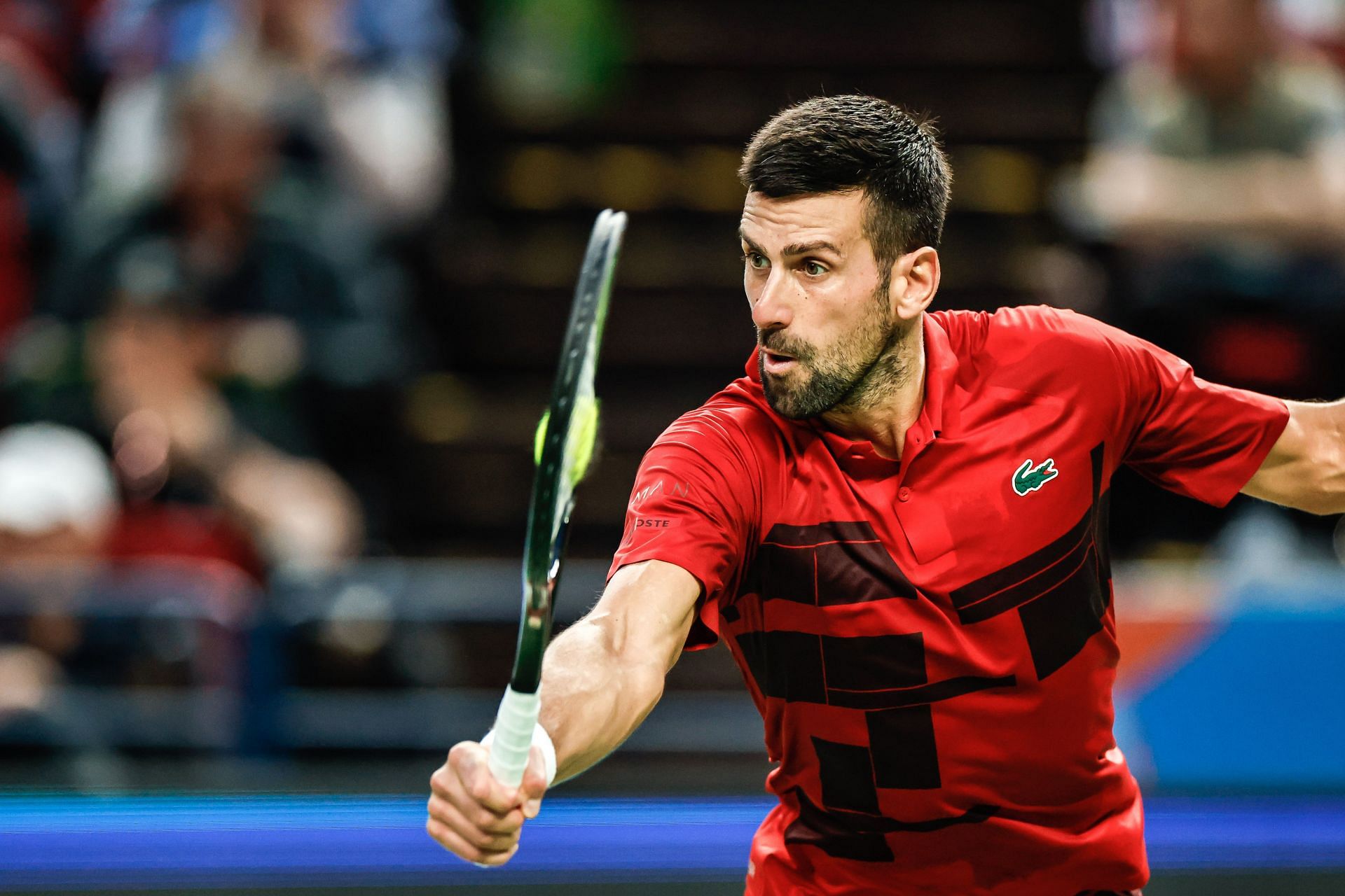 Djokovic plays a volley in the 2024 Shanghai Rolex Masters Final - Source: Getty